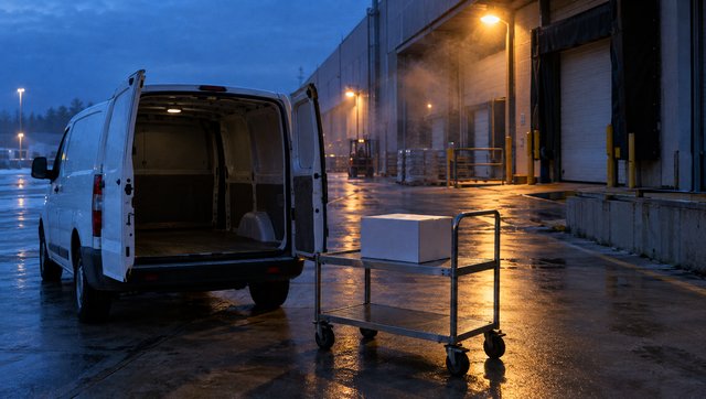 A loading dock before dawn, a white van, one white carton on a cart