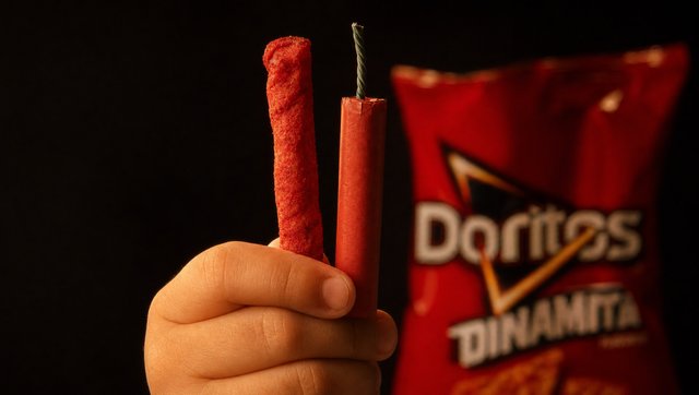 A rolled chip beside a firecracker