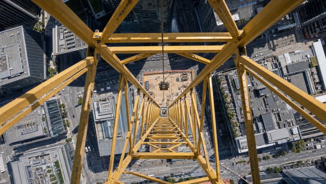 Straight down from the crane cab